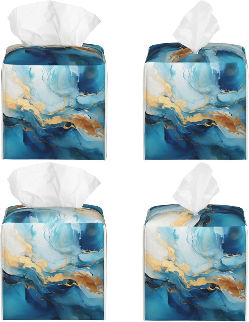 sndheke Blue Gold Marble Tissue Box Cover Square,Abstract Liquid Marble Texture Tissue Box Holder Waterproof Leather Facial Paper Organizer Dispenser for Bathroom Home Car Nightstand Vanity Desk - Image 2